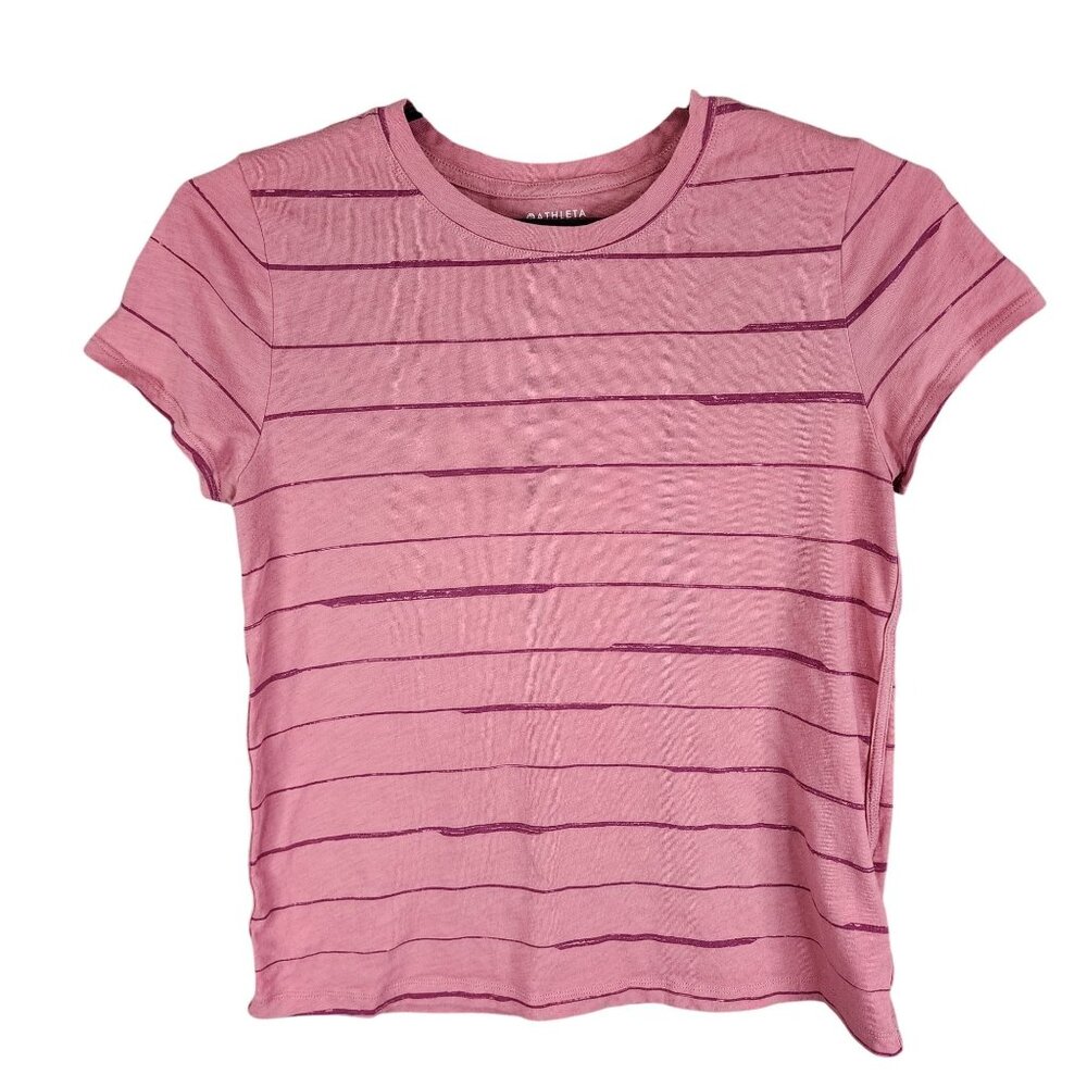 Womens Pink Striped Athleta Organic Cotton Shirt Short Sleeve Crew Neck Size M